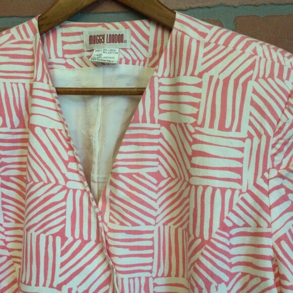Vintage Maggy London Women's 2 pc. Top Skirt Set Pink Size 14 Linen Short Sleeve - Picture 4 of 11